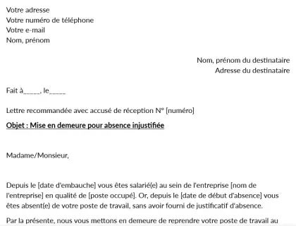 Modèle de première lettre de mise en demeure pour abandon de poste téléchargeable.
