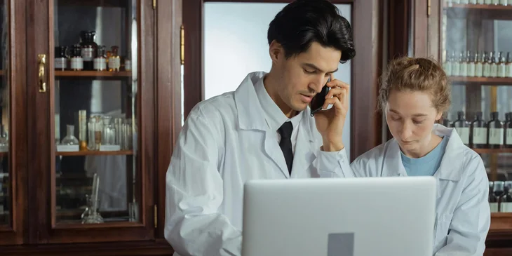 Two pharmacists double-checking a prescription with the doctor.