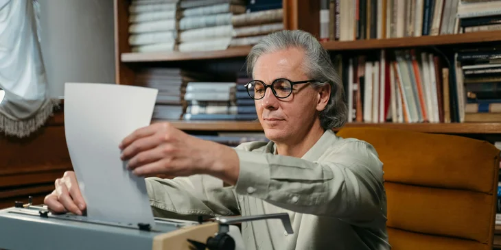 A man typing on his typewriter.