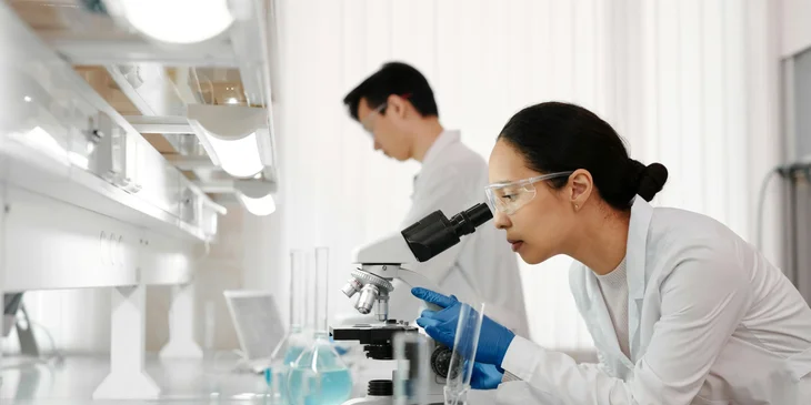 A research scientist looking through a microscope.