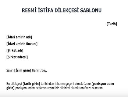 Resmi istifa dilekçesi şablonu.
