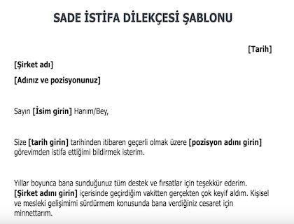 Sade istifa dilekçesi şablonu.