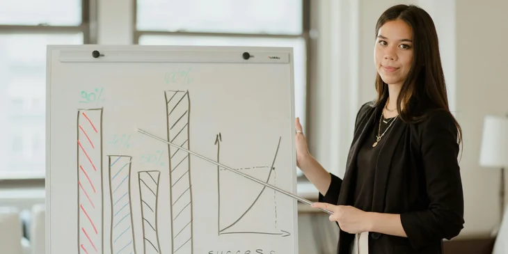 A woman presenting a graph on a whiteboard.
