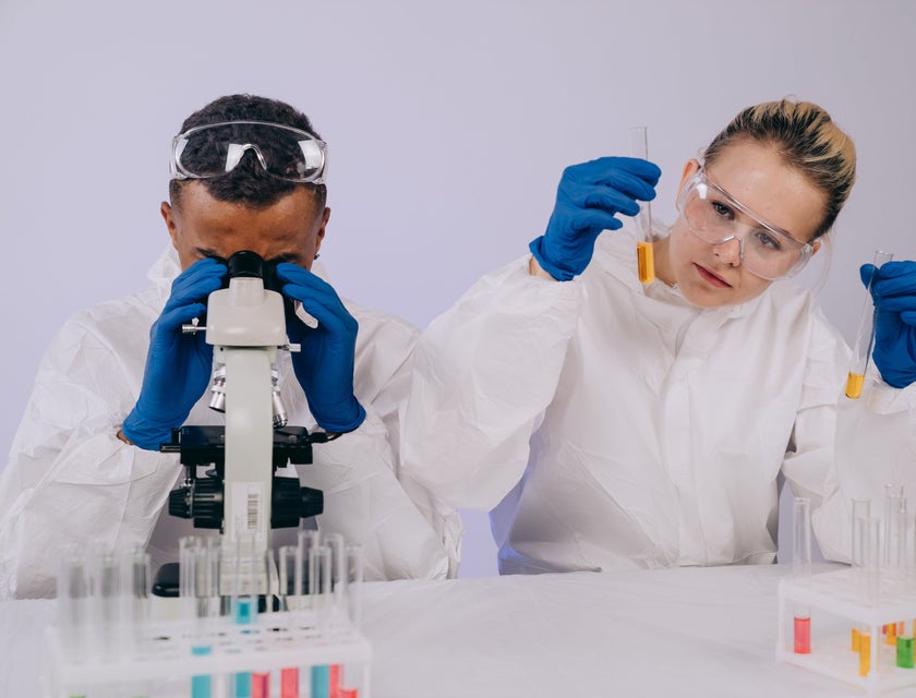 Two scientists working in a laboratory.