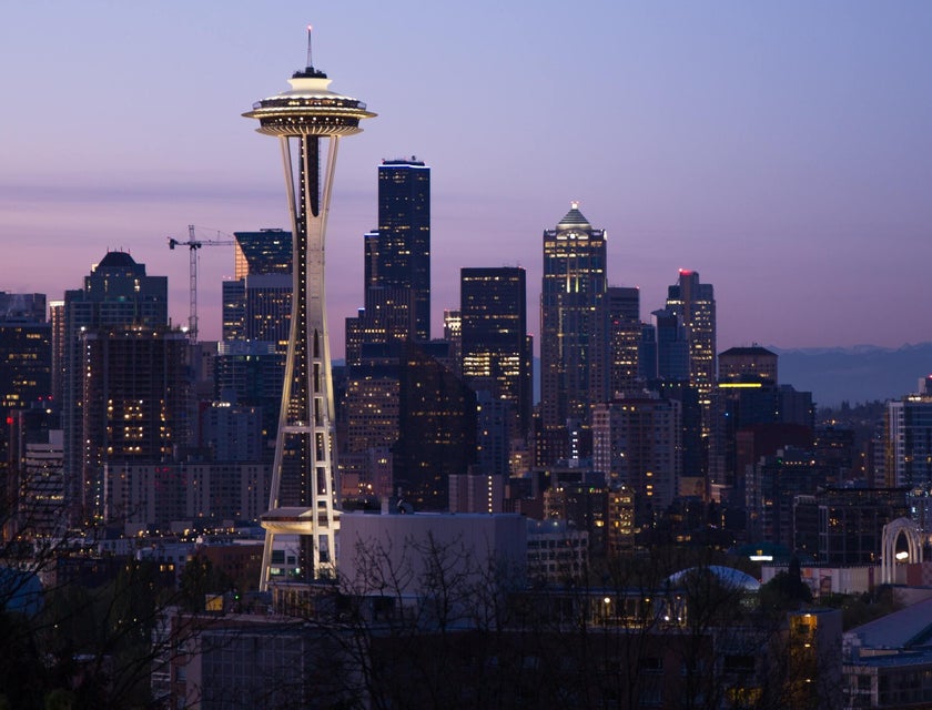 The Seattle skyline at dusk.