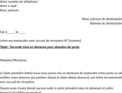 Modèle de seconde lettre de mise en demeure pour abandon de poste téléchargeable.