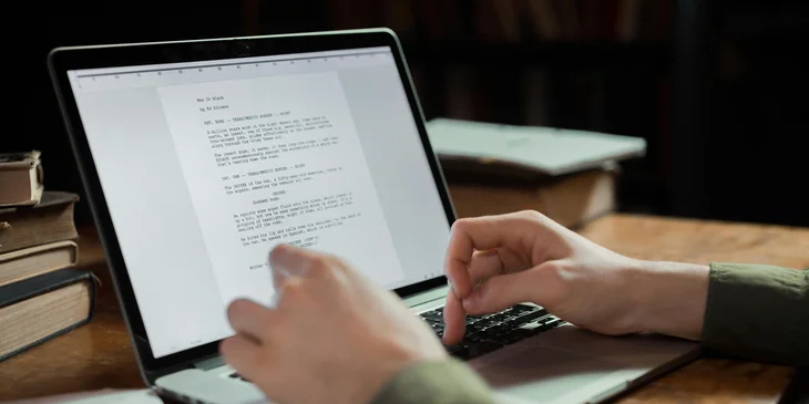 A senior copywriter writing a script on a laptop.