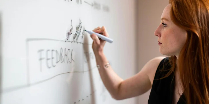 An SEO executive writing strategies to boost performance.