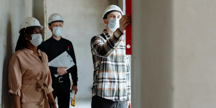 An engineer inspecting the building along with the building inspectors.