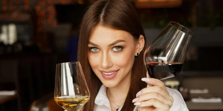 A young woman holding two glasses of wine.
