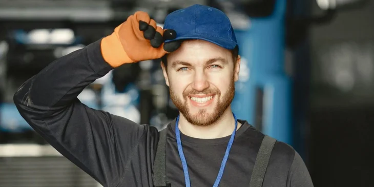 A petroleum engineer smiling and standing in front of a truck.