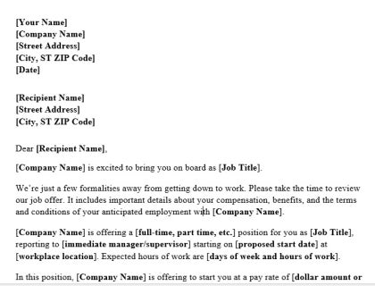 A free job offer letter sample template in MS Word format.