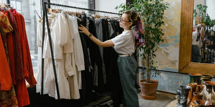 A store associate arranges the clothes on a rack.