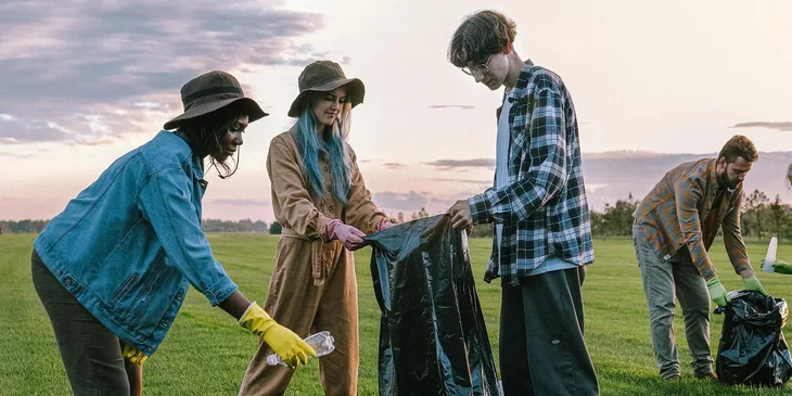 A group of volunteers collecting trash on a grass field.