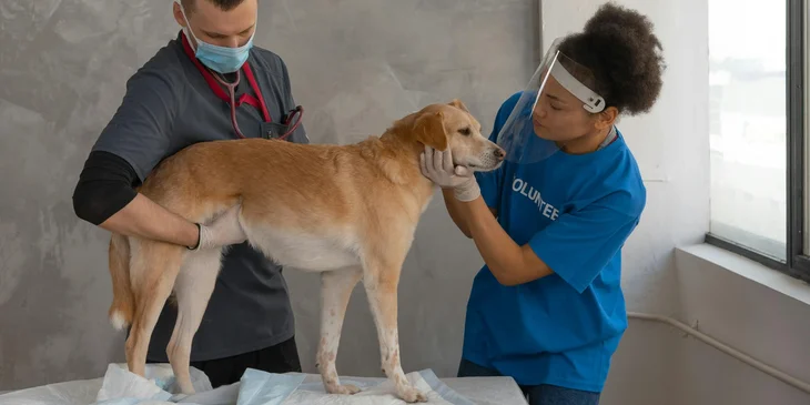 The veterinarians taking care a dog.