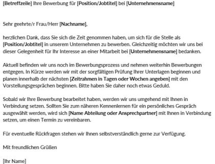 E-Mail-Vorlage für eine Eingangsbestätigung einer Bewerbung