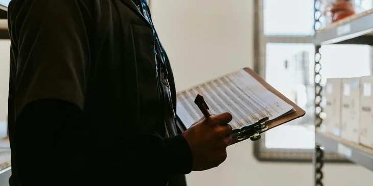 A warehouse clerk checking items in the warehouse.