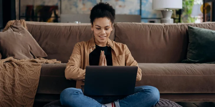 A woman working from home doing a lazy girl job.