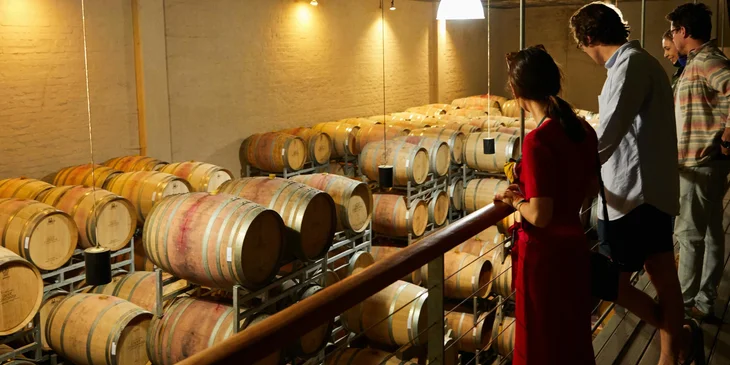 A group of people touring a room filled with wine barrels.