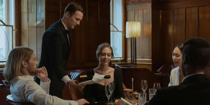 A man serving wine to customers who are dining in a restaurant.