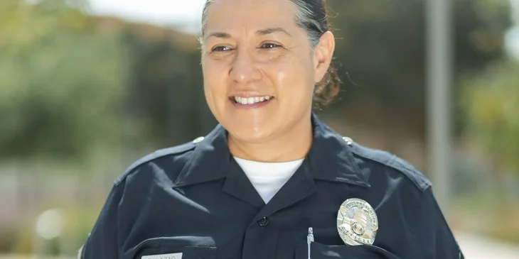 A policewoman in uniform standing on a street.