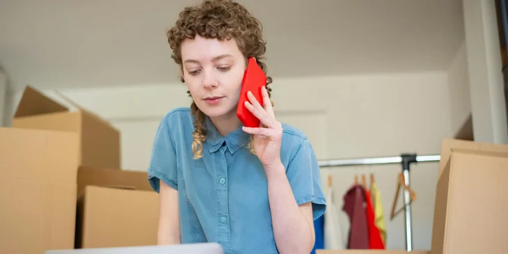 A woman talking on the phone while looking at her laptop.