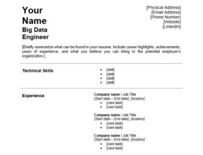 Big data engineer resume template