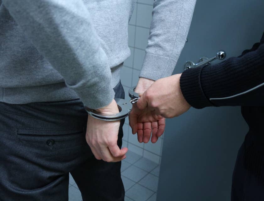 A Bounty Hunter on duty handcuffing a male fugitive he caught.