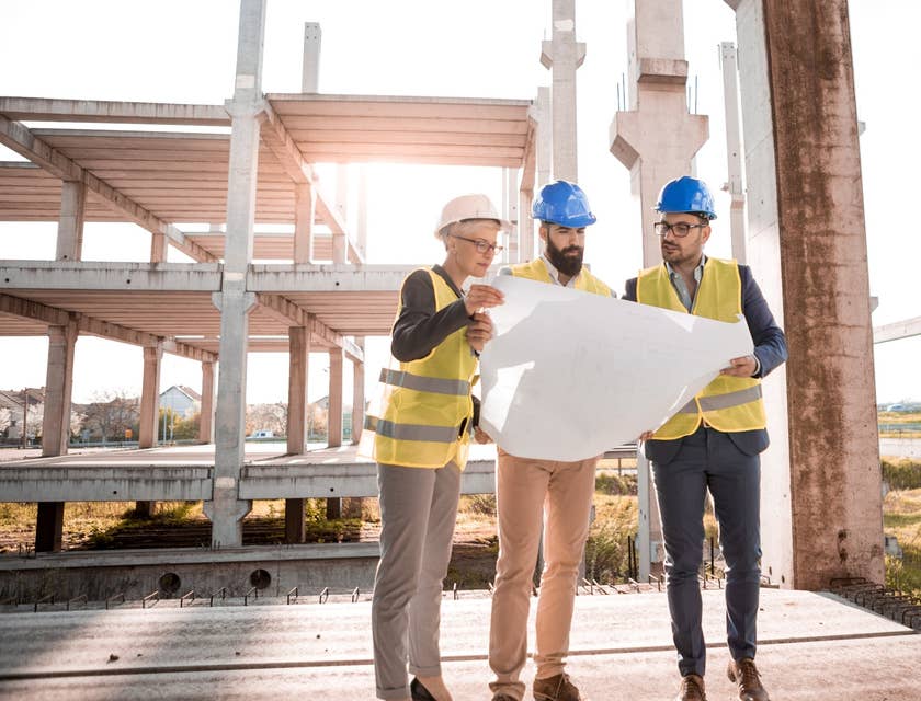 Building surveyor meets with the engineer and architect to discuss project ideas.