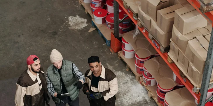 A buyer checking the stock level of the items with the warehouse member.