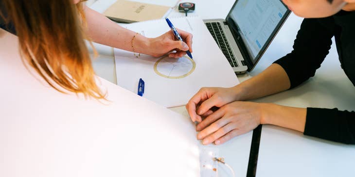 CAD Designer sketching a new model design with her colleague