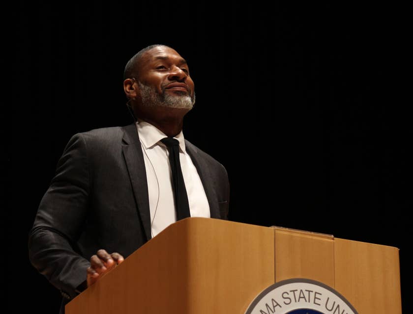 the Chancellor addressing the students and university staff from the podium