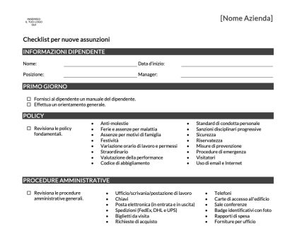 Checklist per nuove assunzioni per aziende.