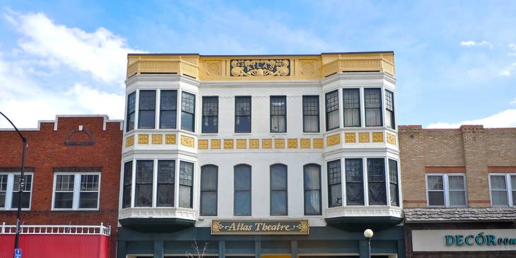 A street and building in downtown Cheyenne, Wyoming.