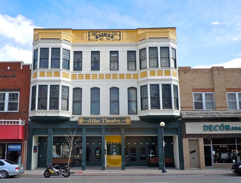 A street and building in downtown Cheyenne, Wyoming.