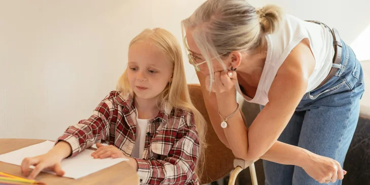 A child care provider helping a student with her homework.