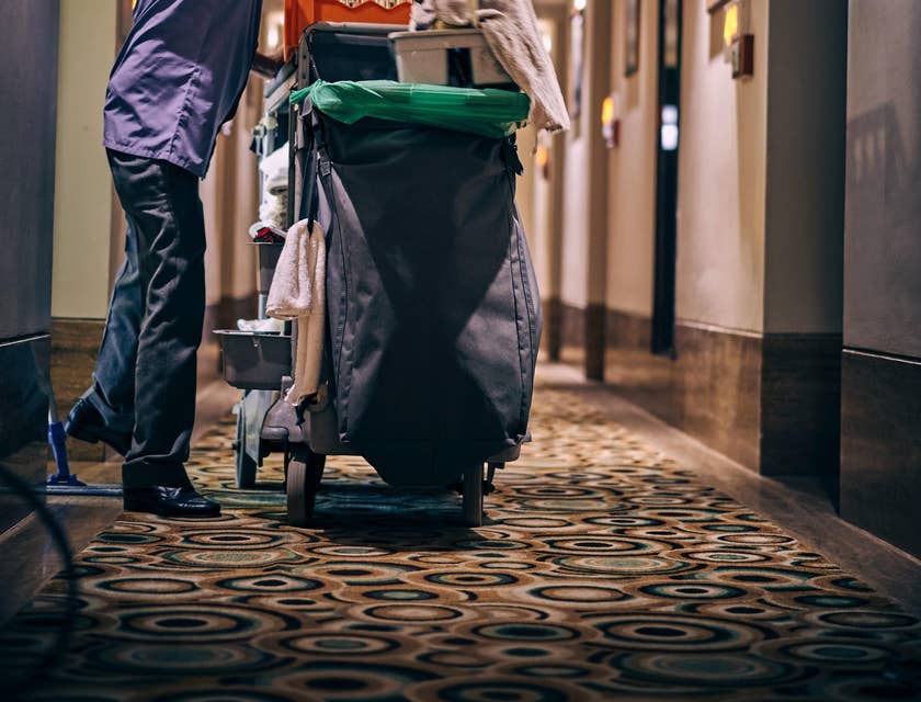 Cleaner with his utility cart in a hallway