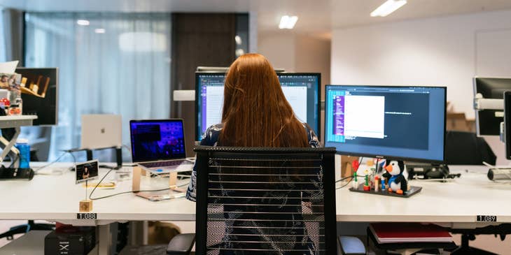 female Client Servicing Executive working at the office with her back on camera and sitting in front of her workstation