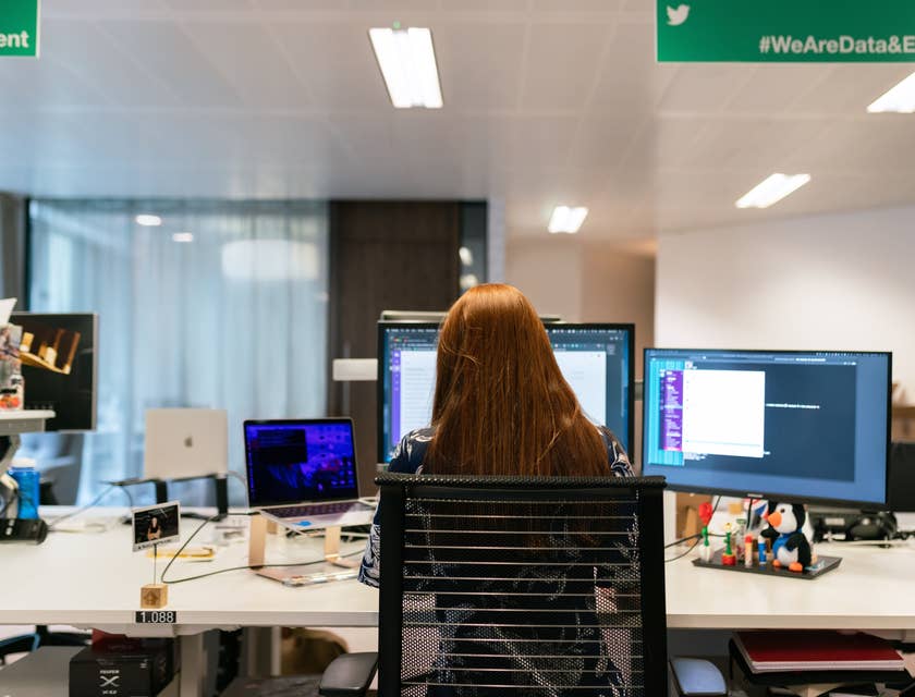 female Client Servicing Executive working at the office with her back on camera and sitting in front of her workstation