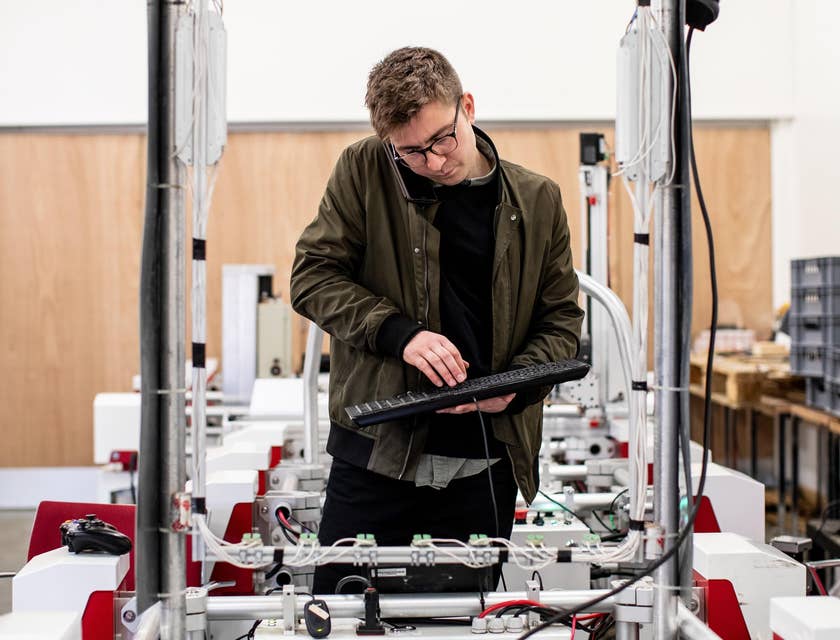 A Controls Engineer working holding a keyboard troubleshooting issues with hardware.