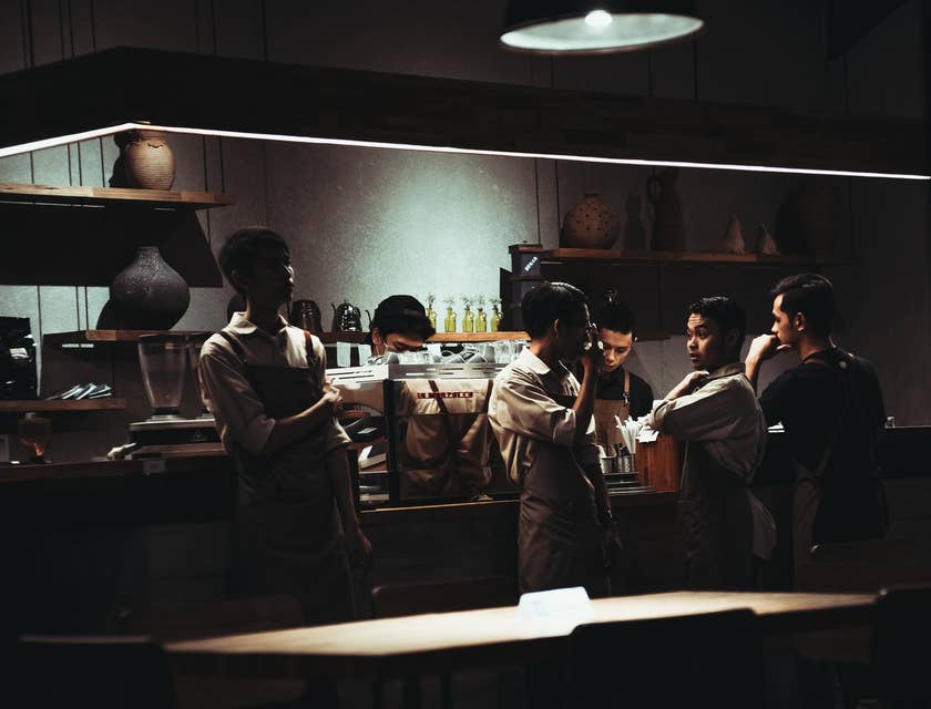 The crew member's after shift huddle before the store closes.