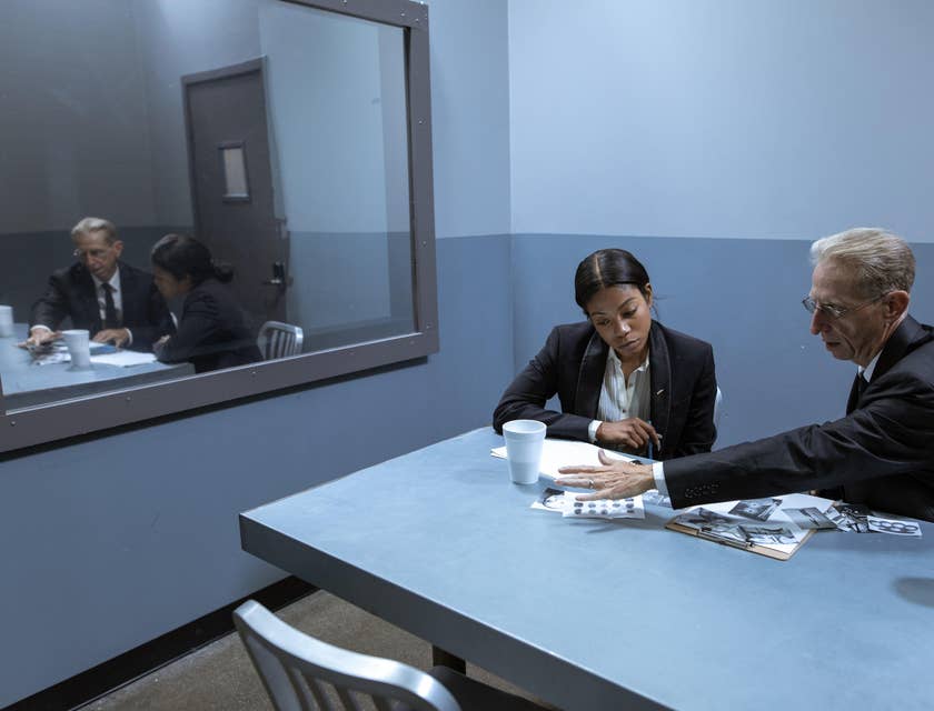 A Female Criminal Profiler working together with an investigator examining photos of evidences collected at a crime scene.