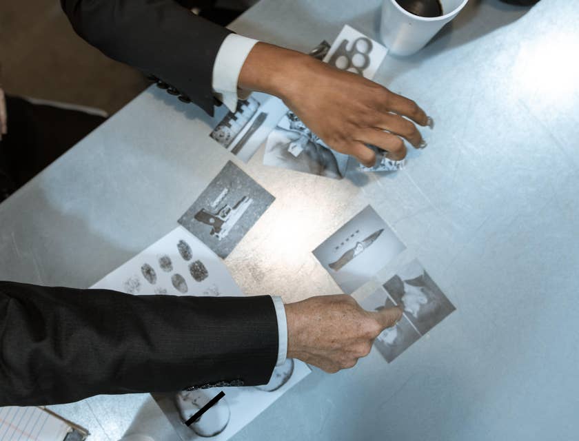 A Criminologist showing and explaining pictures of evidences gathered in a crime scene to law enforcer.