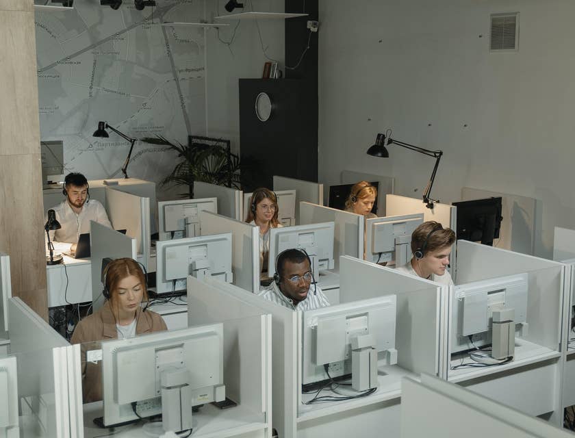 a team of Customer Service Specialists taken during work hours while they are sitting on their respective workstations