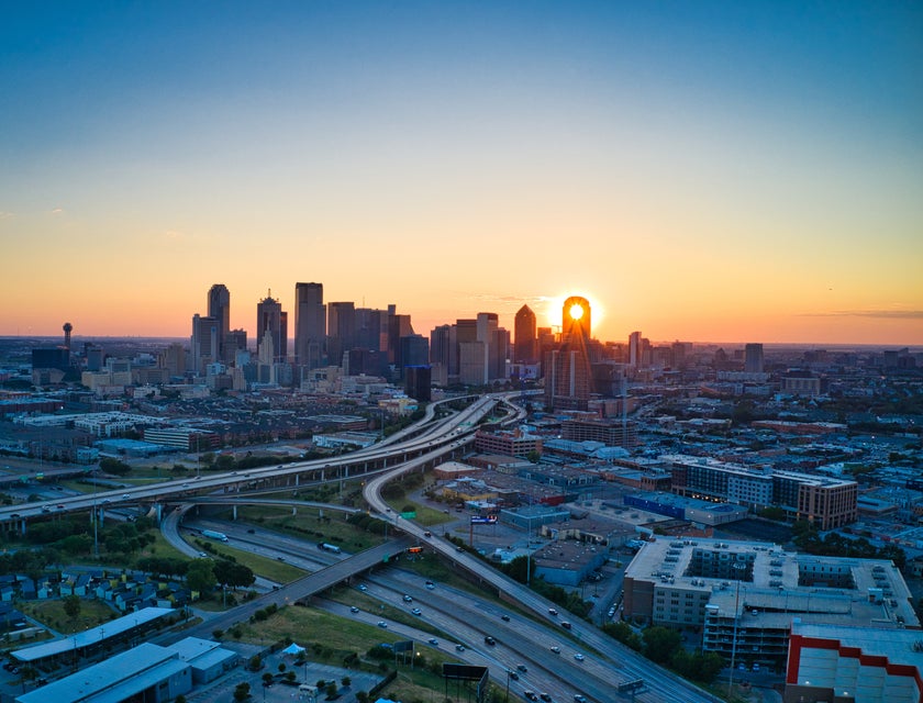 A sunset over the cityscape of Dallas, Texas.