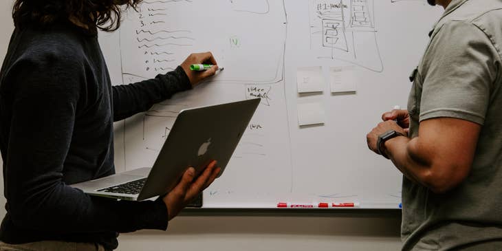 Data Engineers discussing the layout of the new framework on the whiteboard