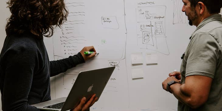 Data Engineers discussing the layout of the new framework on the whiteboard
