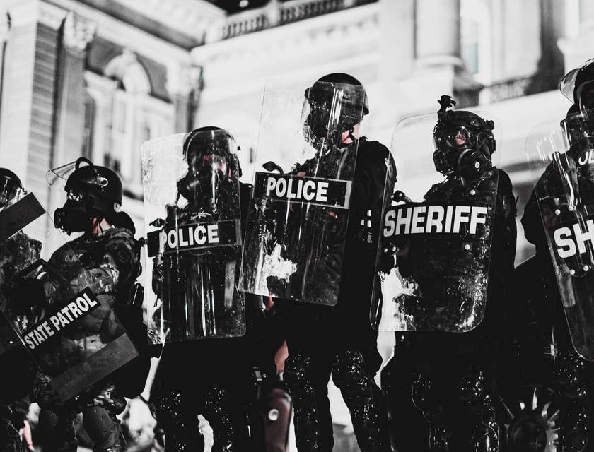 Deputy Sheriff wearing full protective gear and shield while on-duty at a high alert area with the rest of the team