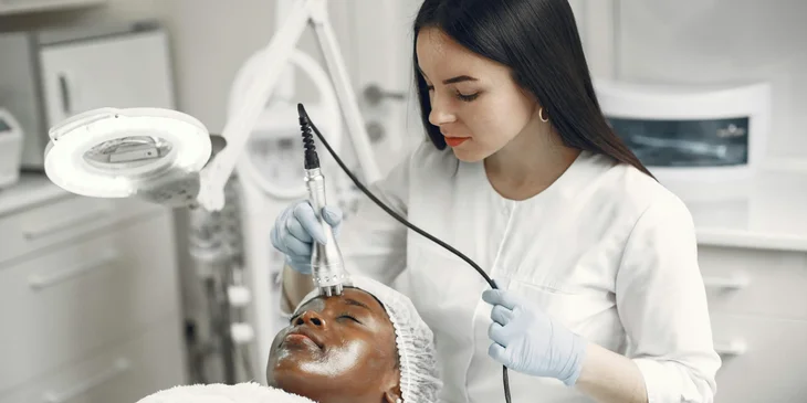 A dermatologist performing a noninvasive procedure on a patient.