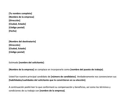 Ejemplo de correo electrónico de oferta de trabajo sencillo y gratuito en Word.
